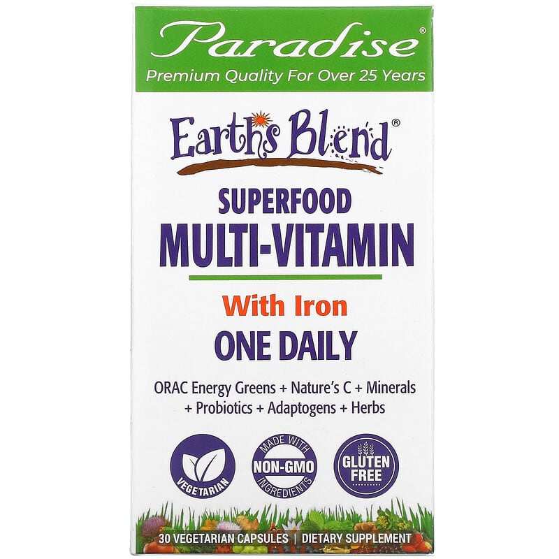 Paradise Herbs Earth's Blend One Daily Superfood Multi-Vitamin with Iron 30 Vegetarian Capsules 601944778286