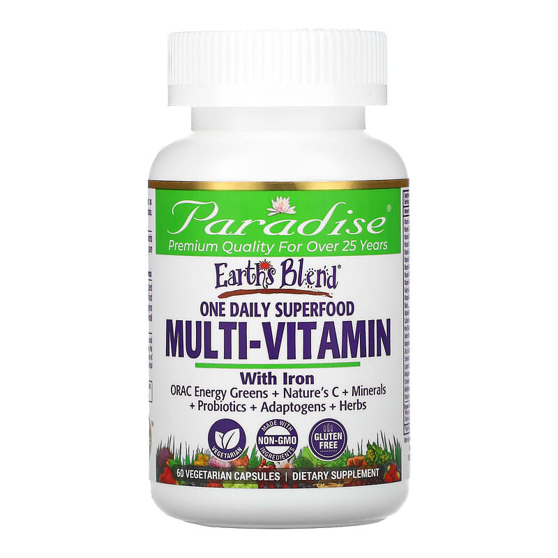 Paradise Herbs, Earth's Blend, One Daily Superfood Multi-Vitamin with Iron, 60 Vegetarian Capsules 601944778293