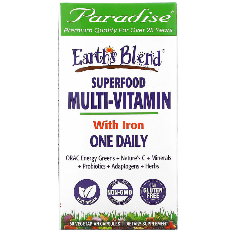 Paradise Herbs Earth's Blend One Daily Superfood Multi-Vitamin with Iron 60 Vegetarian Capsules 601944778293