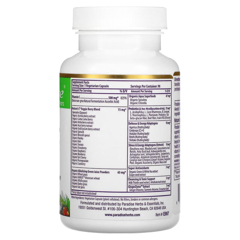 Paradise Herbs, Earth's Blend, Vitamin C, 500 mg, 90 Vegetarian Capsules 601944778675
