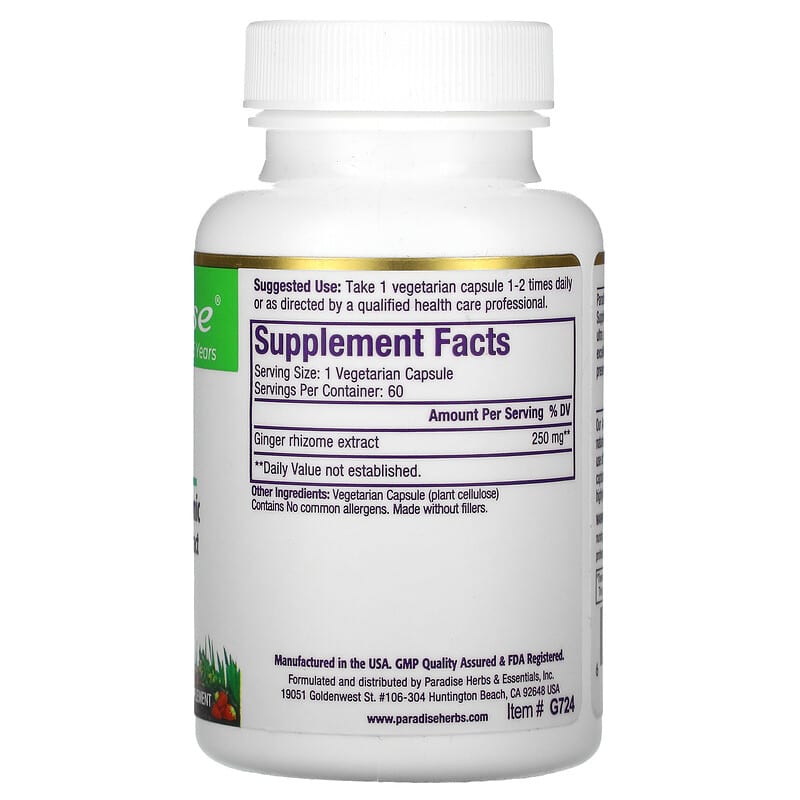 Paradise Herbs, Ginger, 60 Vegetarian Capsules 601944777241