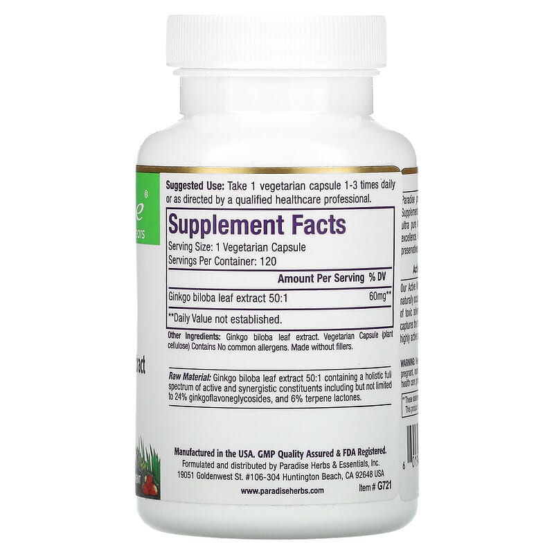 Paradise Herbs, Ginkgo Biloba, 120 Vegetarian Capsules 601944777210