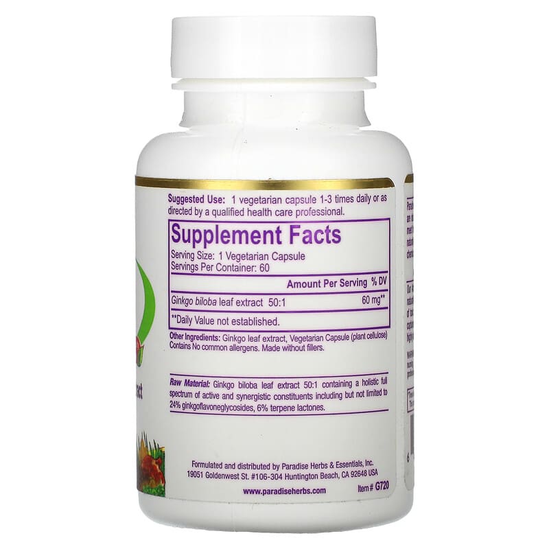 Paradise Herbs, Ginkgo Biloba, 60 Vegetarian Capsules 601944777203