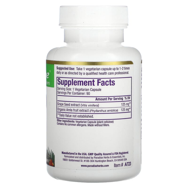 Paradise Herbs, Grape Seed Extract with Amla, 90 Vegetarian Capsules 601944777234