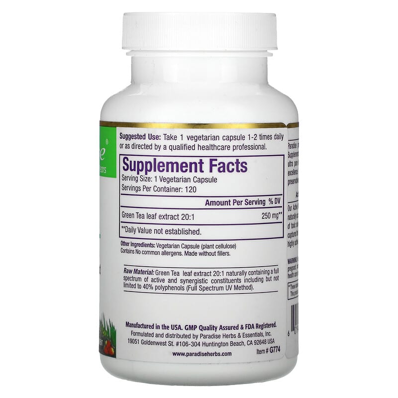 Paradise Herbs, Green Tea, 120 Vegetarian Capsules 601944777746