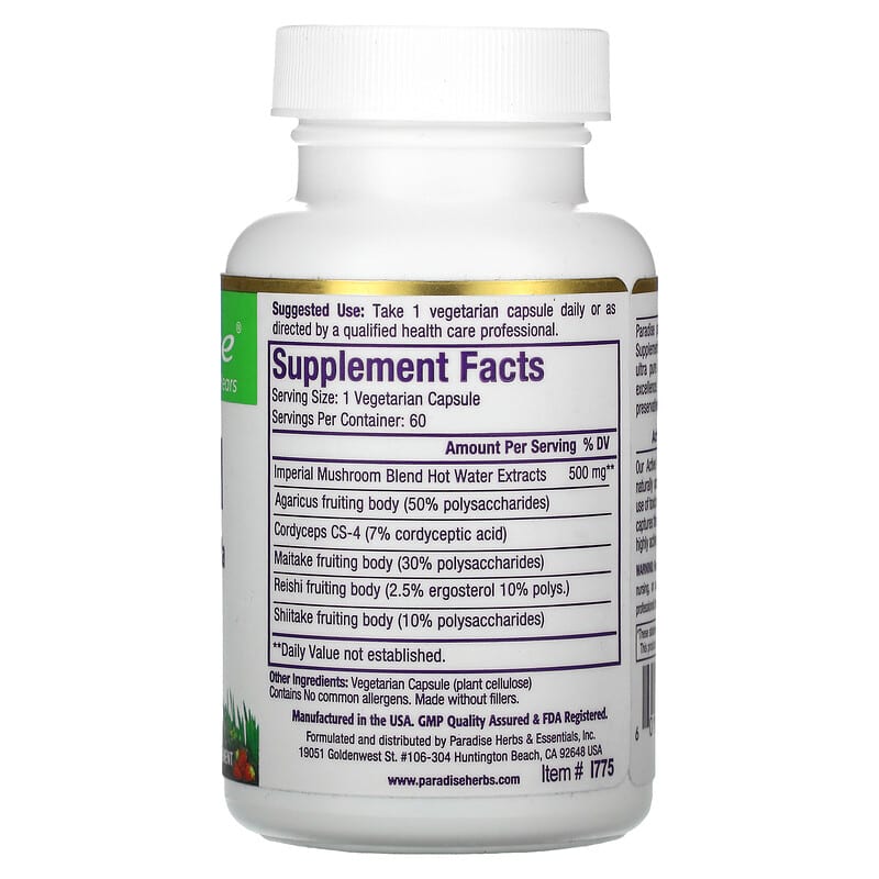 Paradise Herbs, Imperial Mushroom, 60 Vegetarian Capsules 601944777753