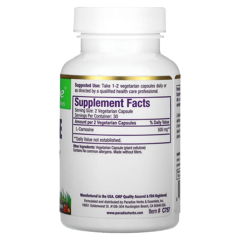 Paradise Herbs, L-Carnosine, 60 Vegetarian Capsules 601944777579