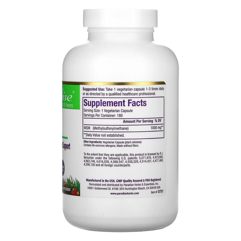 Paradise Herbs, MSM, 1,000 mg, 180 Vegetarian Capsules 601944777517