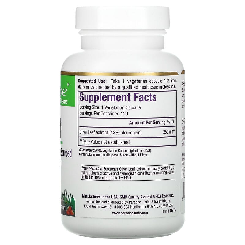 Paradise Herbs, Olive Leaf, 120 Vegetarian Capsules 601944777739