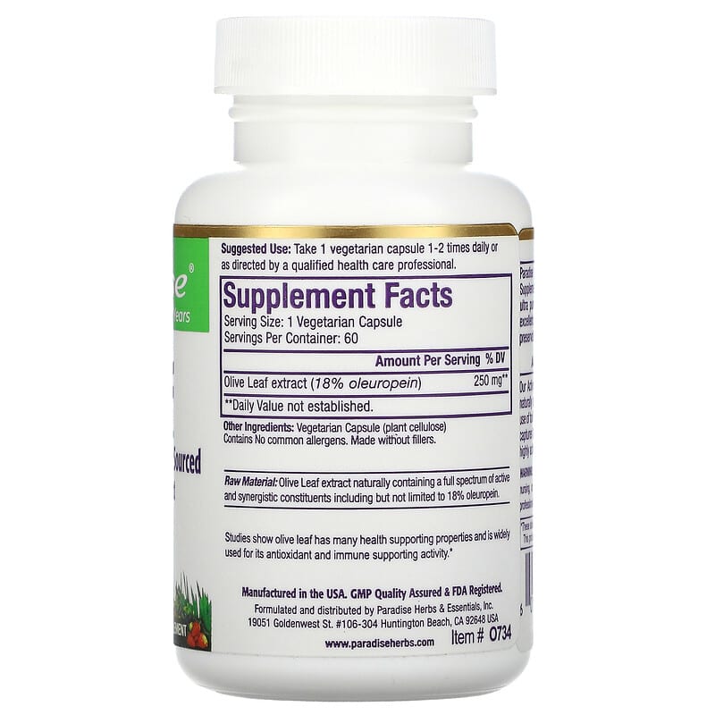 Paradise Herbs, Olive Leaf, 60 Vegetarian Capsules 601944777340
