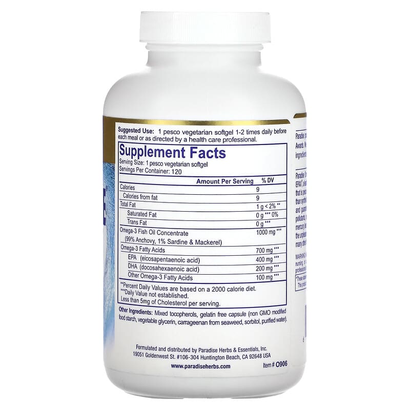 Paradise Herbs, Omega-Sure, Premium Omega 3 Fish Oil, 1,000 mg, 120 Pesco-Vegetarian Softgels 601944779061