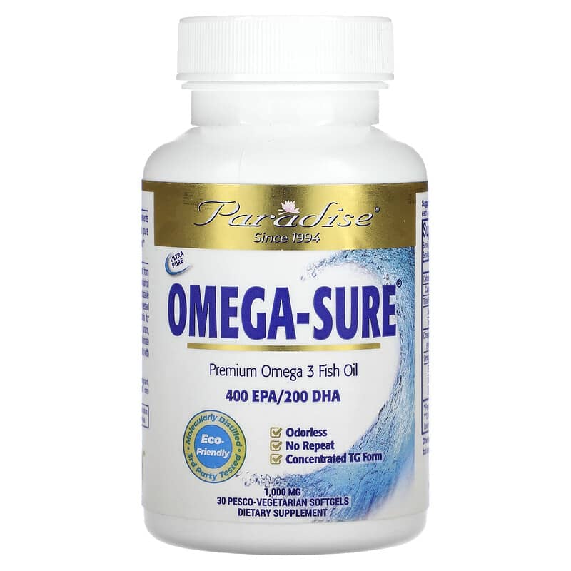 Paradise Herbs Omega Sure Premium Omega-3 Fish Oil 1,000 mg 30 Pesco Vegetarian Softgels 601944777951