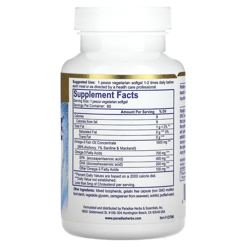 Paradise Herbs, Omega Sure, Premium Omega-3 Fish Oil, 1,000 mg, 60 Pesco Vegetarian Softgels 601944777968