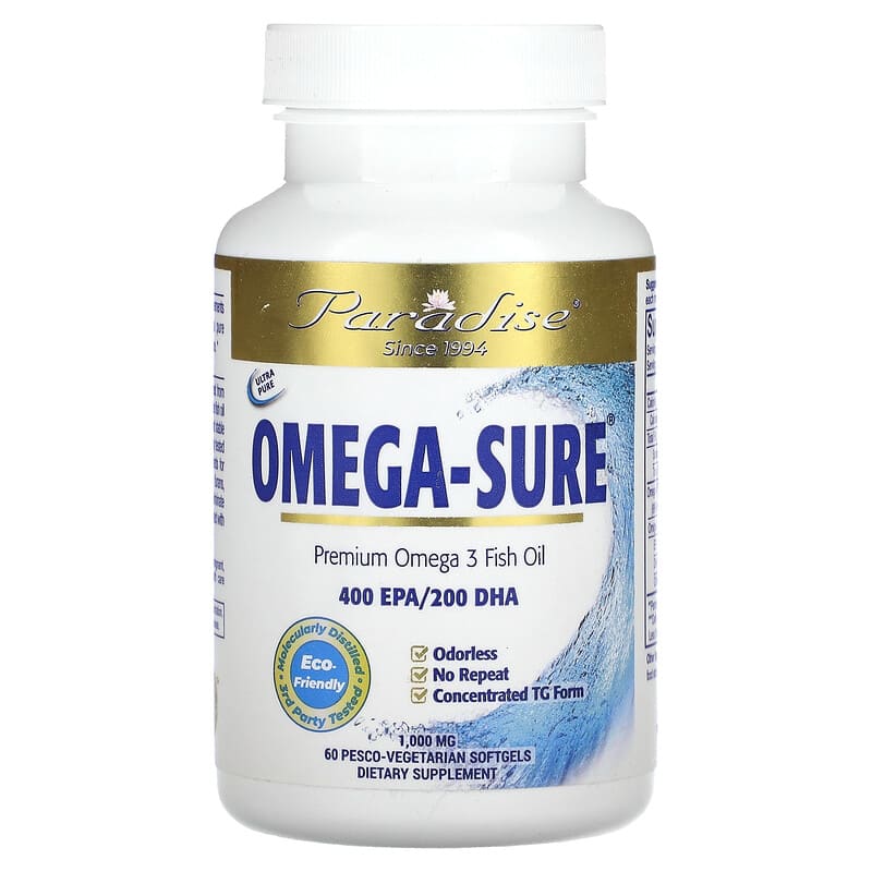 Paradise Herbs Omega Sure Premium Omega-3 Fish Oil 1,000 mg 60 Pesco Vegetarian Softgels 601944777968