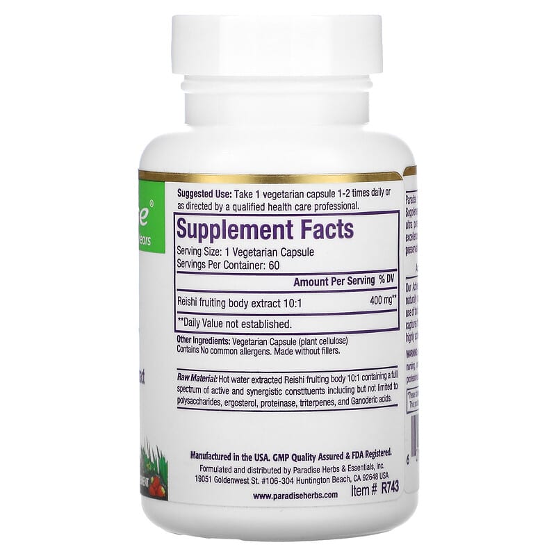 Paradise Herbs, Reishi, 60 Vegetarian Capsules 601944777432