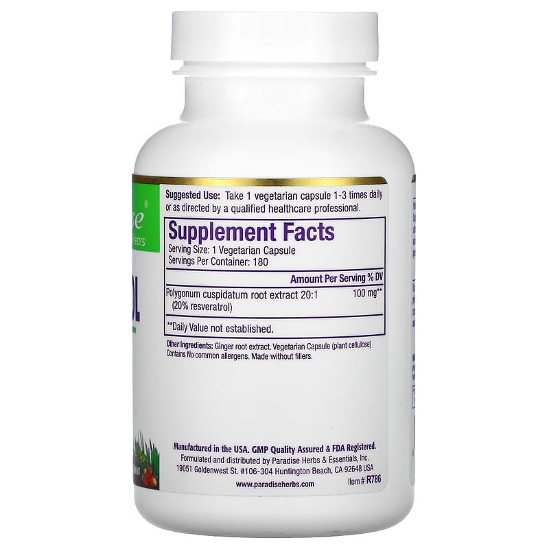 Paradise Herbs, Resveratrol, 180 Vegetarian Capsules 601944777869