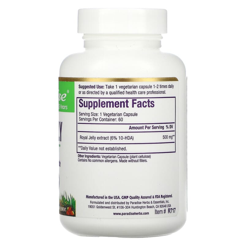 Paradise Herbs, Royal Jelly, 60 Vegetarian Capsules 601944777173