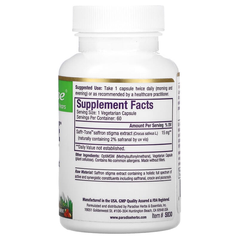 Paradise Herbs, Saffr-Tone, 60 Vegetarian Capsules 601944778309