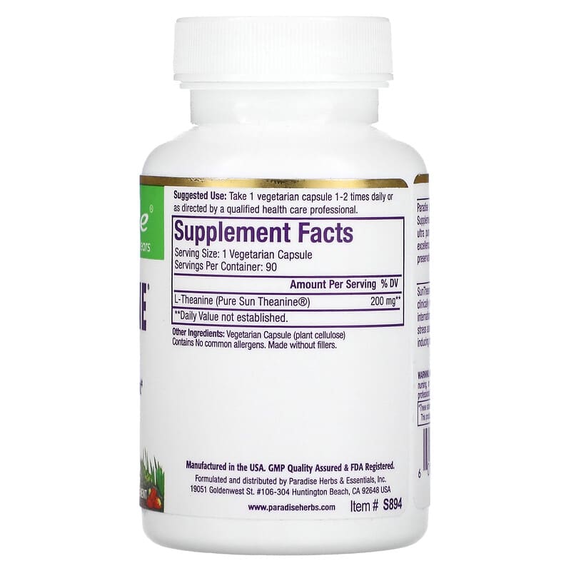 Paradise Herbs, Sun Theanine, 200 mg, 90 Vegetarian Capsules 601944778941