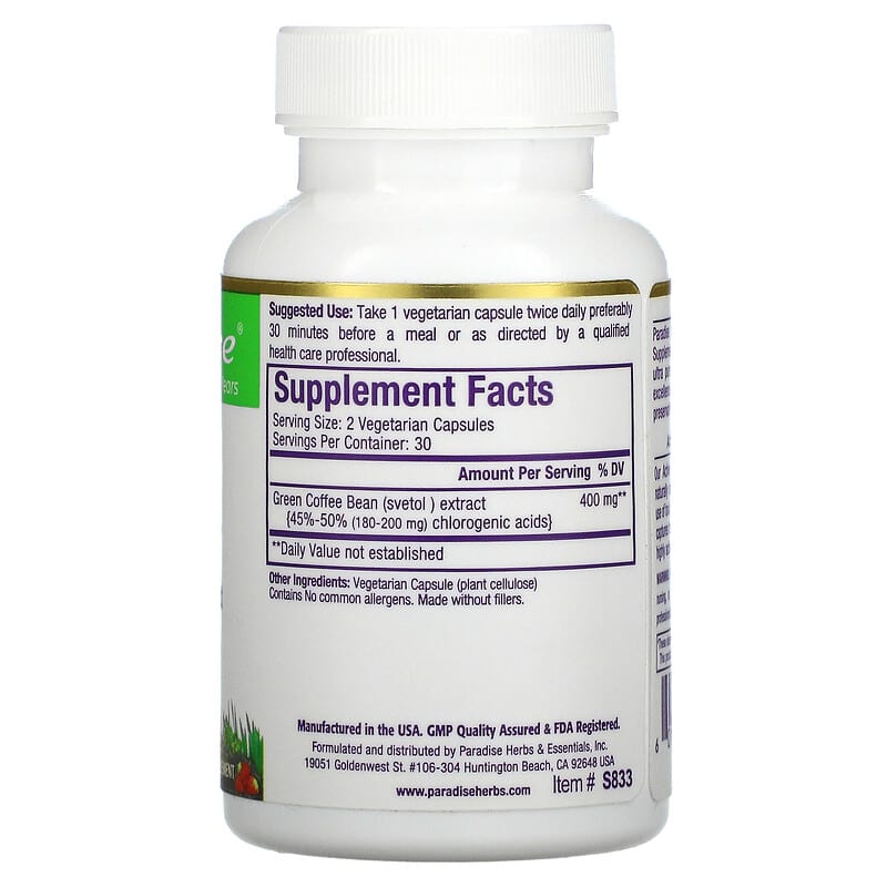 Paradise Herbs, Svetol, Green Coffee Bean, 60 Vegetarian Capsules 601944778330