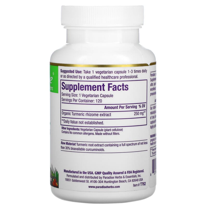 Paradise Herbs, Turmeric, 250 mg, 120 Vegetarian Capsules 601944777623