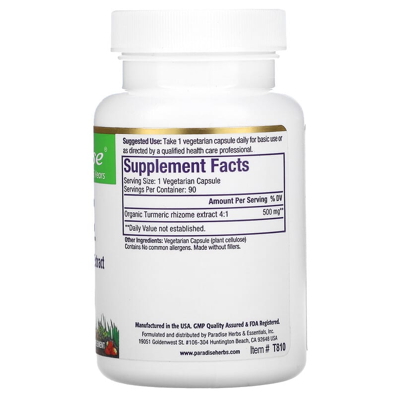 Paradise Herbs, Turmeric, 500 mg, 90 Vegetarian Capsules 601944778101