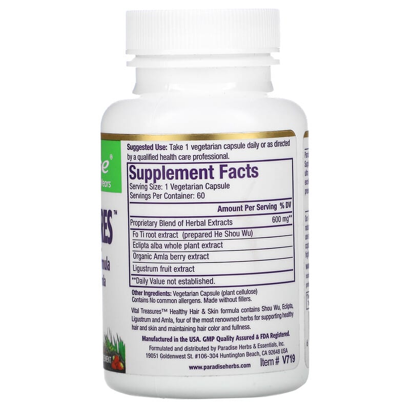 Paradise Herbs, Vital Treasures, Hair, Skin & Nails, 60 Vegetarian Capsules 601944777197