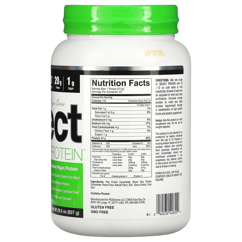 PEScience, Vegan Series, Select Protein, Peanut Butter Delight, 29.5 oz (837 g) 40232426520