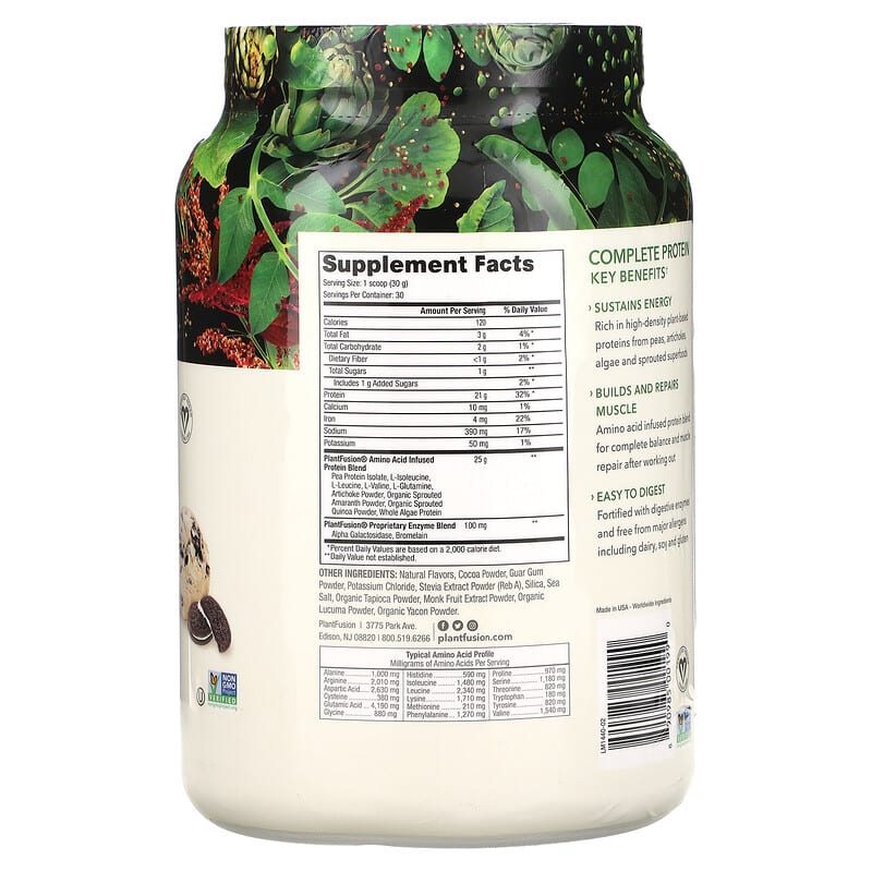 PlantFusion, Complete Protein, Cookies and Cream, 2 lb (900 g) 890985001990