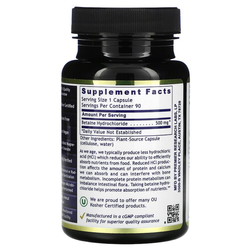 Premier Research Labs, Premier HCL, 90 Plant-Source Capsules 807735021771