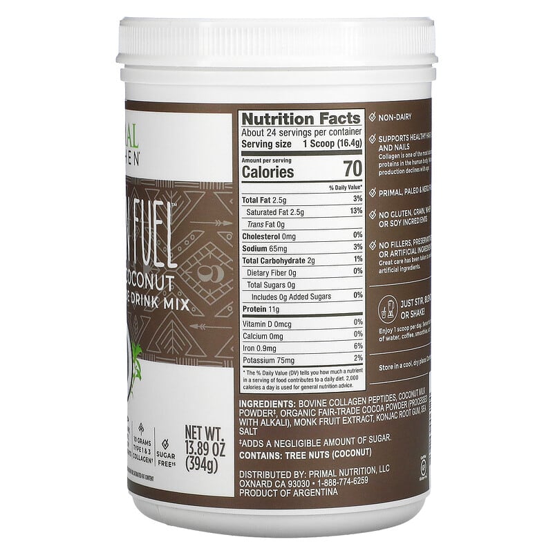 Primal Kitchen, Collagen Fuel, Chocolate Coconut, 13.89 oz (394 g) 856769006124