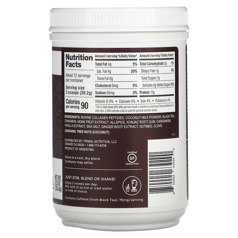 Primal Kitchen, Collagen Keto Latte, Chai Tea, 8.55 oz (242.4 g) 850004639290