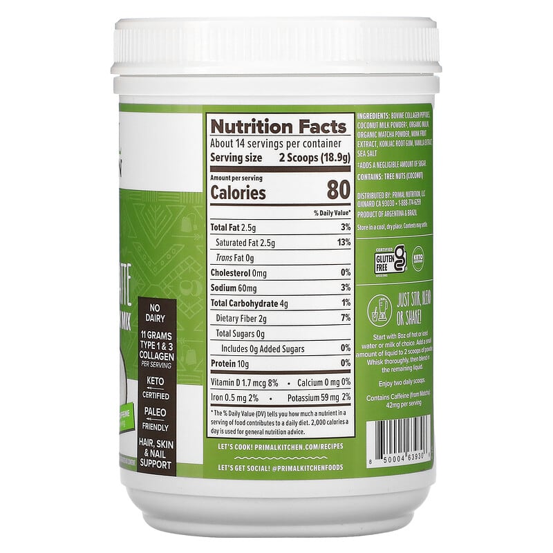Primal Kitchen, Collagen Keto Latte, Matcha, 9.33 oz (264.6 g) 850004639306