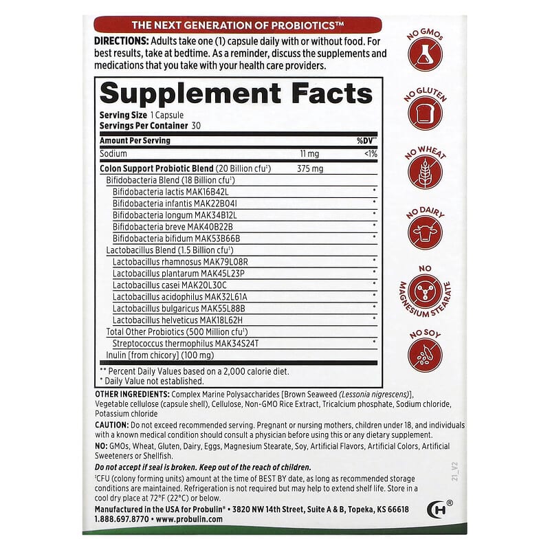 Probulin, Colon Support Probiotic, 20 Billion CFU, 30 Capsules 855757003602