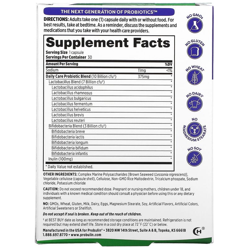 Probulin, Daily Care, Probiotic, 10 Billion CFU, 30 Capsules 855757003404