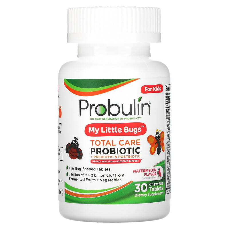 Probulin, For Kids, My Little Bugs, Total Care Probiotic + Prebiotic & Postbiotic, Watermelon, 30 Chewable Tablets 855757003473