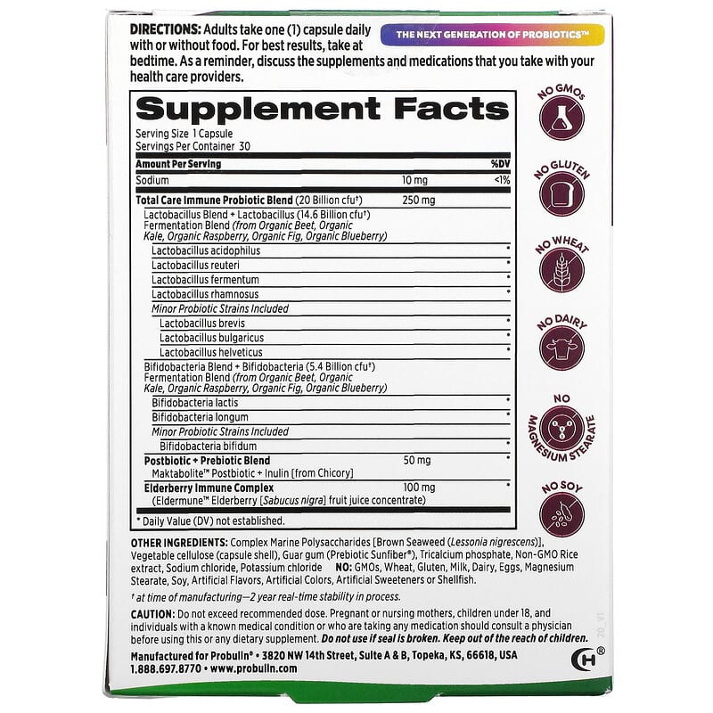 Probulin, Total Care Immune Probiotic + Prebiotic & Postbiotic with Real Elderberry, 20 Billion CFU, 30 Capsules 855757003381