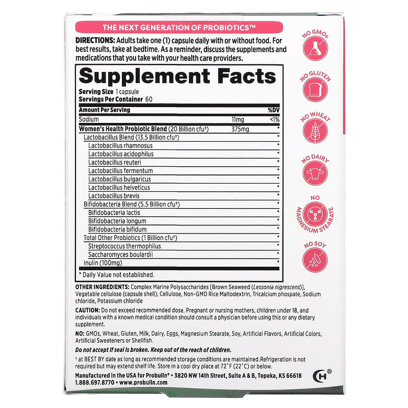 Probulin, Women's Health Probiotic, 20 Billion CFU, 60 Capsules 855757003510