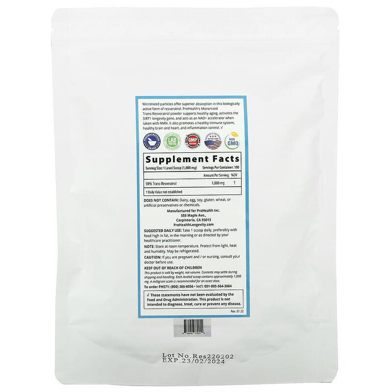 ProHealth Longevity, Micronized Trans-Resveratrol, 100 g 850030779229