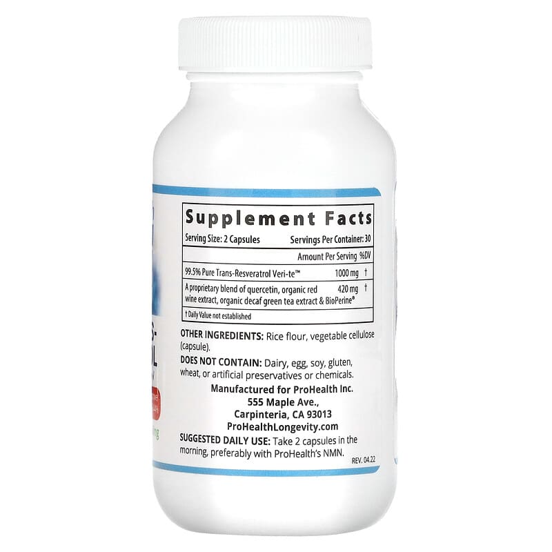 ProHealth Longevity, Trans-Resveratrol with Increased Absorption, 500 mg, 60 Capsules 850023410030
