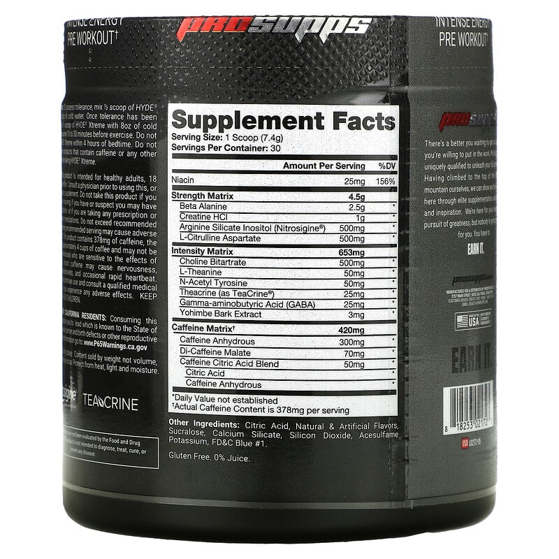 ProSupps, Hyde, Xtreme, Intense Energy Pre Workout, Blue Razz Blitz, 7.8 oz (222 g) 818253021723