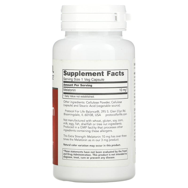 Protocol for Life Balance, Melatonin, Extra Strength, 10 mg, 100 Veg Capsules 707359135574
