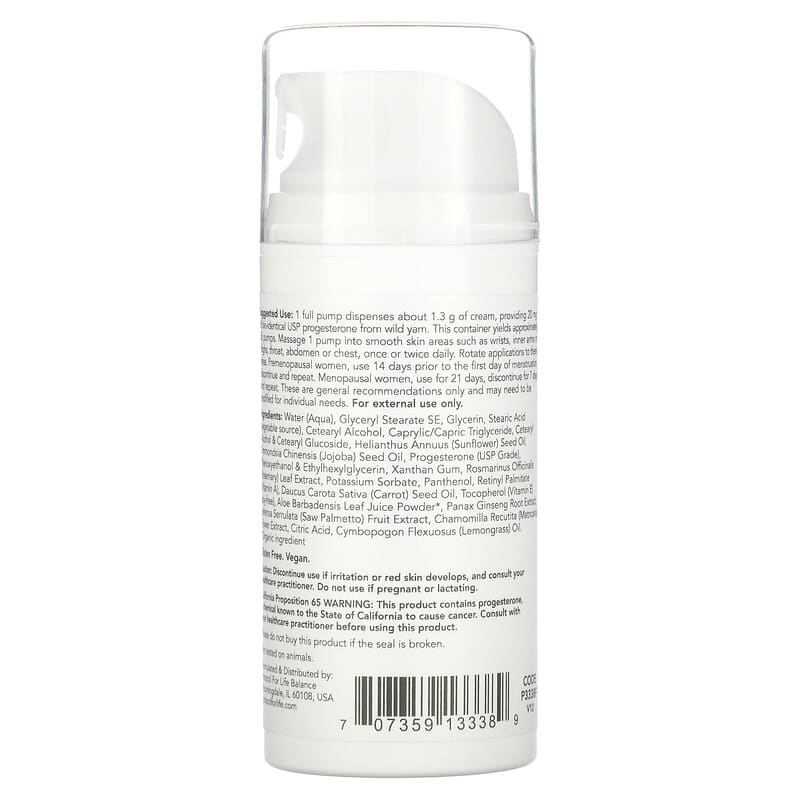 Protocol for Life Balance, Progesterone, Balancing Skin Cream, Unscented, 3 oz (85 g) 707359133389