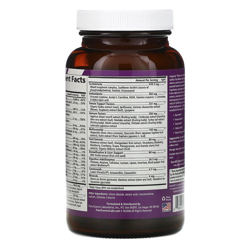 Pure Essence, Longevity Women, 120 Tablets 659670014024