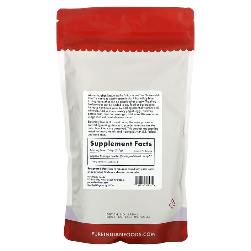 Pure Indian Foods, Organic Moringa Powder, 8 oz (227 g) 797734507294