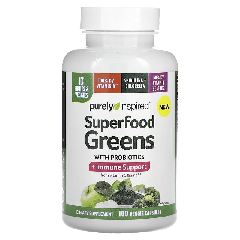 Purely Inspired, Superfood Greens with Probiotics, 100 Veggie Capsules 631656610482