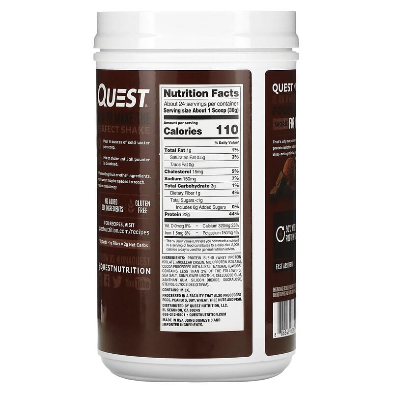 Quest Nutrition, Protein Powder, Chocolate Milkshake, 1.6 lb (726 g) 888849008599