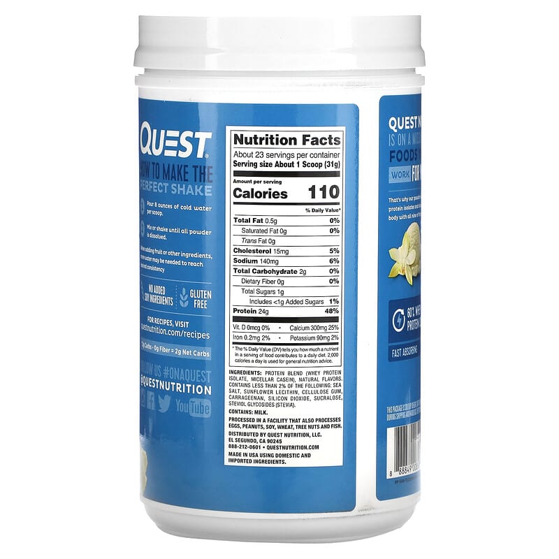 Quest Nutrition, Protein Powder, Vanilla Milkshake, 1.6 lb (726 g) 888849008582