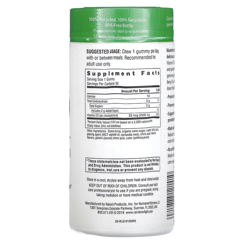 Rainbow Light, Berry D-Licious, Vitamin D3, Raspberry Flavor, 2,500 IU, 50 Gummies 21888121410