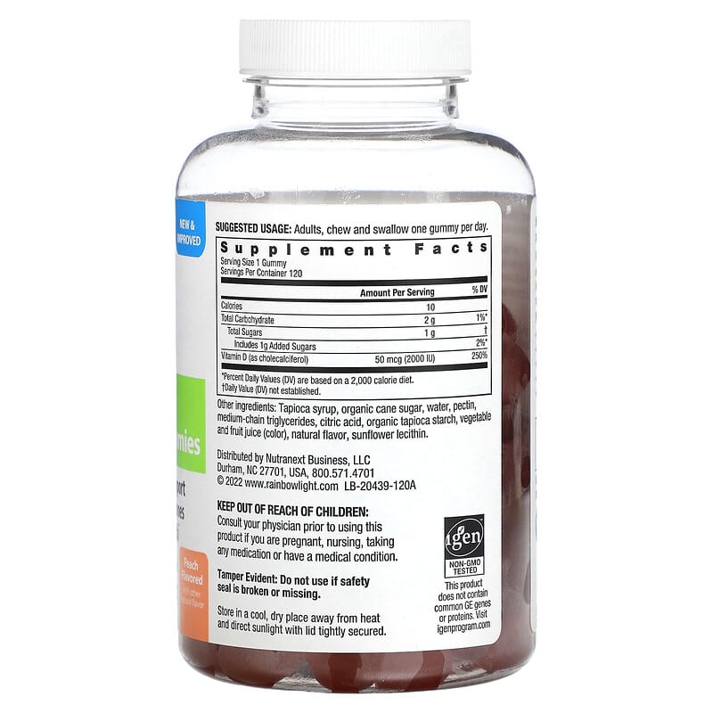 Rainbow Light, High Potency Vitamin D3, Peach, 2,000 IU, 120 Gummies 21888204397
